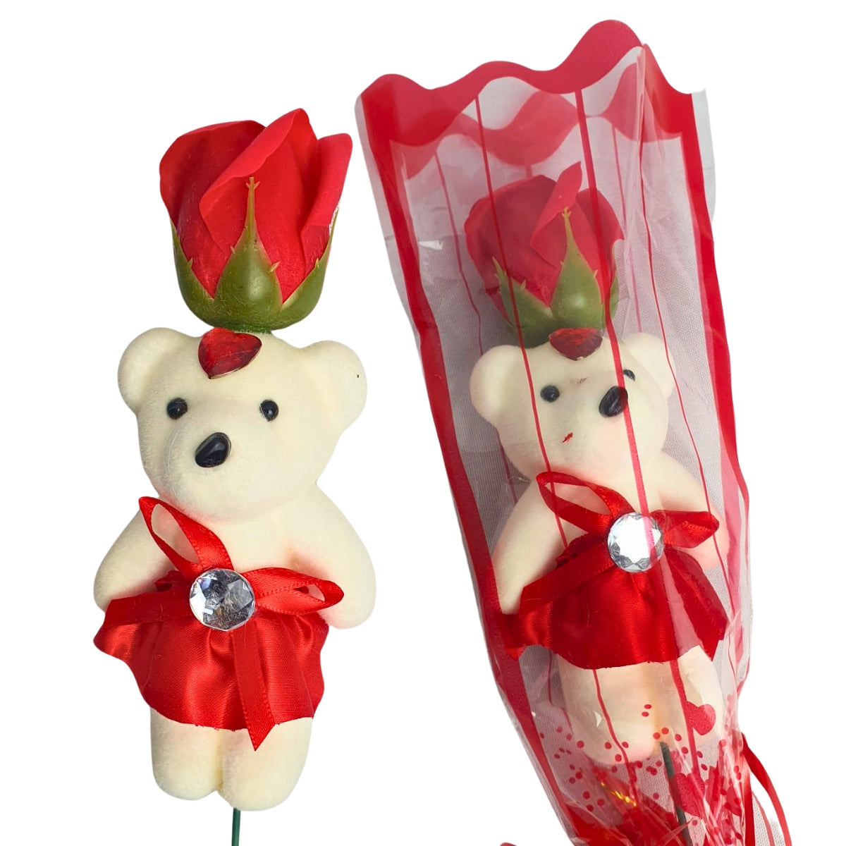 Botão de Rosa Vermelha com Ursinho Bege - Dia dos Namorados Botão de Rosa Vermelha com Ursinho Bege - Dia dos Namorados